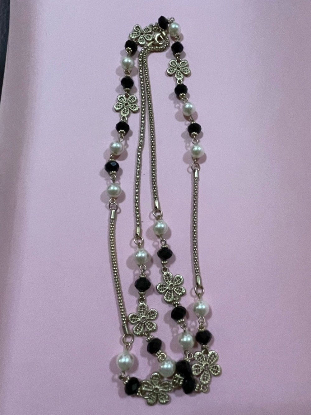Extra Long Flower Gold Tone Necklace #9280